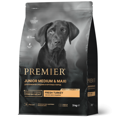 Корм для юниоров средних и крупных пород с 4 месяцев, беременных и кормящих собак Premier Dog Turkey JUNIOR Medium&Maxi 3 кг