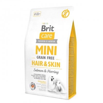 Корм сухой беззерновой корм для собак малых пород уход за шерстью Brit Adult Dog Care Mini Hair & Skin 7 кг
