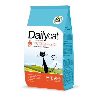 Сухой корм для кошек для вывода шерсти с индейкой Dailycat ADULT Hairball Turkey & Rice 1,5 кг