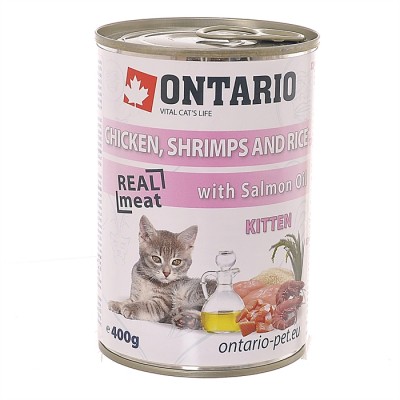 Консервы для котят: курица, креветки и рис Ontario Kitten Chicken, Schrimps, Rice, Salmon Oil 400 г