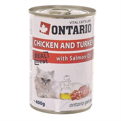 Консервы для кошек: курица и индейка Ontario Chicken, Turkey, Salmon Oil 400 г