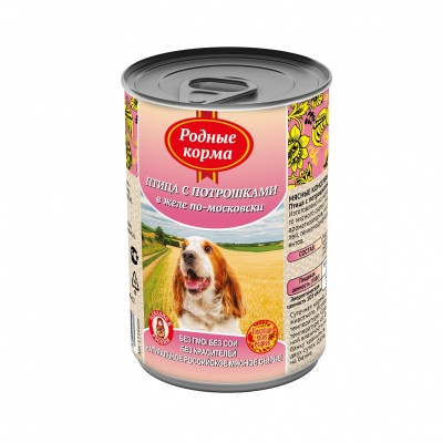 Консервы для собак, птица с потрошками в желе по-московски Родные корма Canned Giblets in Jelly 970 г