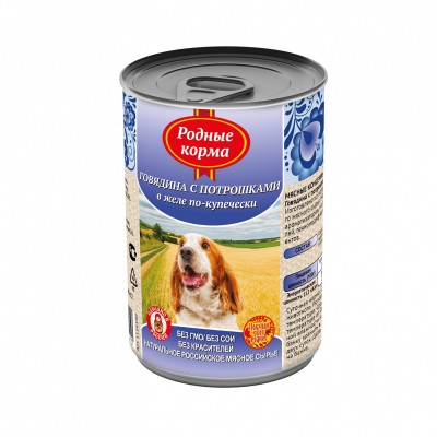 Консервы для собак, говядина с потрошками в желе по-купечески Родные корма Canned Beef Merchant-Style 970 г