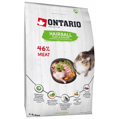 Корм для вывода шерсти у кошек с уткой и курицей Ontario Cat Hairball 6,5 кг