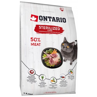Корм для стерилизованных кошек с ягненком Ontario Cat Sterilised Lamb 6,5 кг