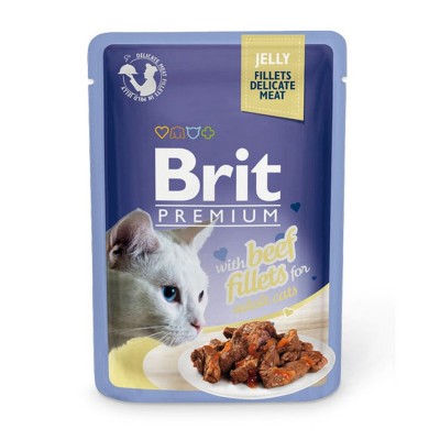 Паучи для кошек кусочки в желе из филе говядины Brit Adult Cat Premium Jelly Beef Fillets 85 г