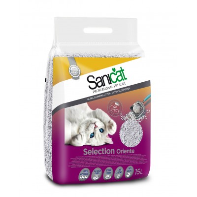 Комкующийся ультра белый наполнитель с ароматом детской присыпки-супер комкование Sani Cat Selection Oriente 15 л