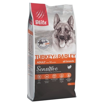 Корм для собак с индейкой и ячменем Blitz Adult Turkey & Barley 15 кг
