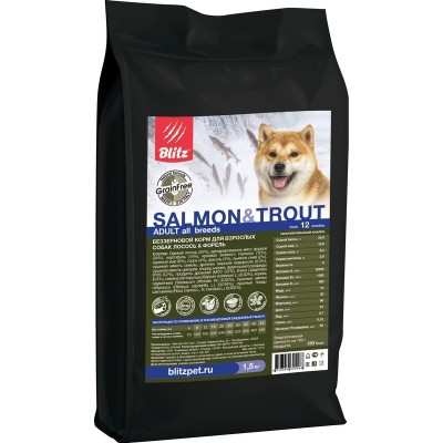 Корм для собак беззерновой с лососем и форелью Blitz Adult Salmon & Trout 1,5 кг