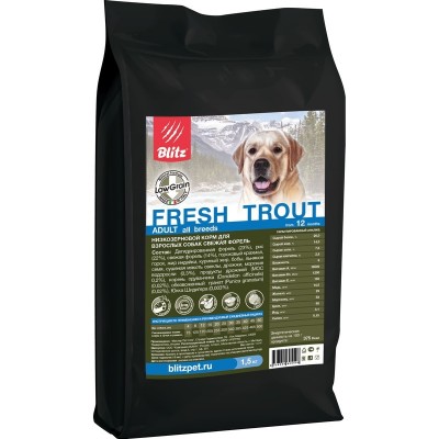 Корм для собак низкозерновой с форелью Blitz Adult Fresh Trout 1,5 кг