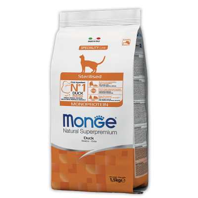 Корм с уткой для стерилизованных кошек Monge Adult Cat Monoprotein Sterilised 10 кг