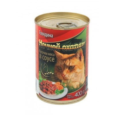 Консервы для кошек кусочки в желе с говядиной Ночной Охотник Cat Beef 415 г