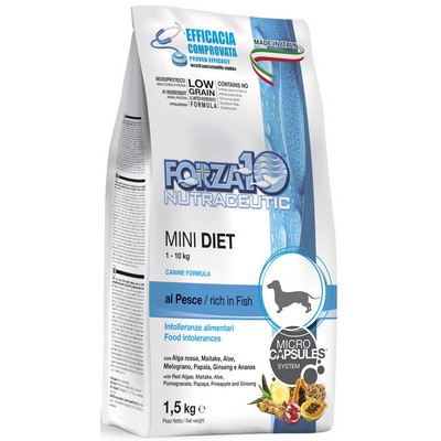 Сухой корм для взрослых собак мелких пород из морской рыбы с микрокапсулами Forza10 Mini Diet Pesce 28/14 1,5 кг