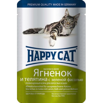 Пауч с ягненком, телятиной и зеленой фасолью для взрослых кошек Happy Cat Lamb, Beef, Green beans 100 г