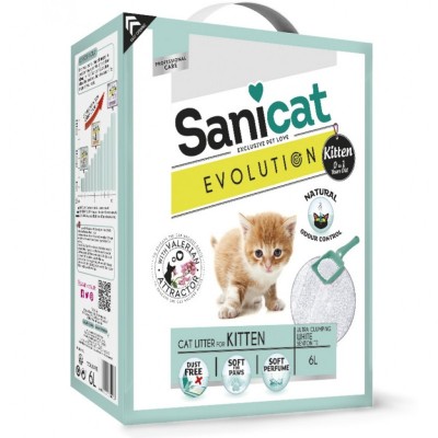 Комкующийся наполнитель для котят "Легкое приучение", контроль запаха без пыли, с ароматом детской присыпки Sani Cat Evolution Kitten 6 л