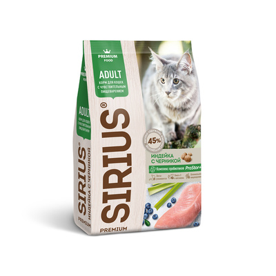 Сухой корм для взрослых кошек с чувствительным с индейкой и черникой Sirius Adult Cat Turkey 1,5 кг